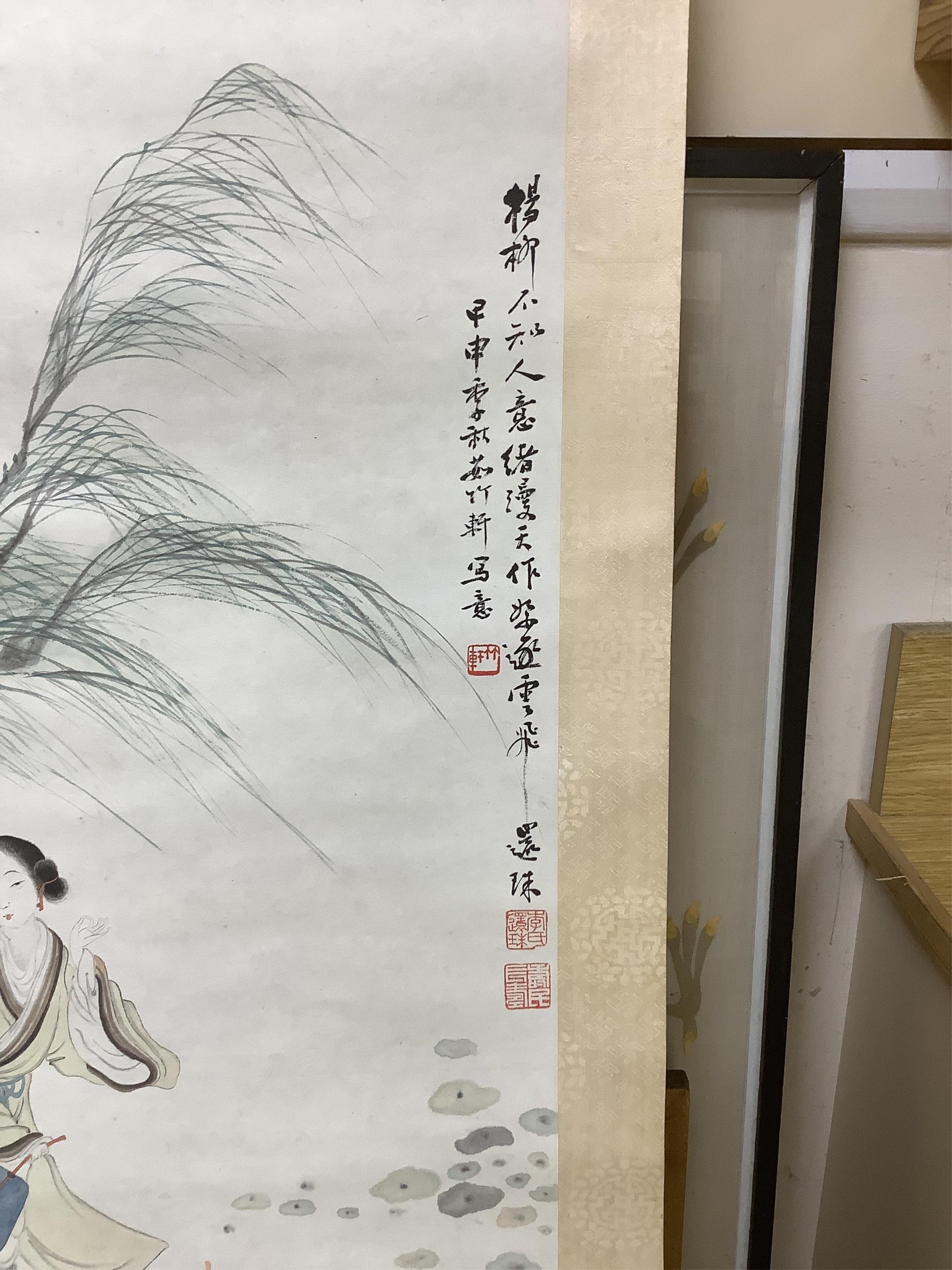 A set of four Chinese scroll paintings of ladies before landscapes, 48cm wide. Condition - fair